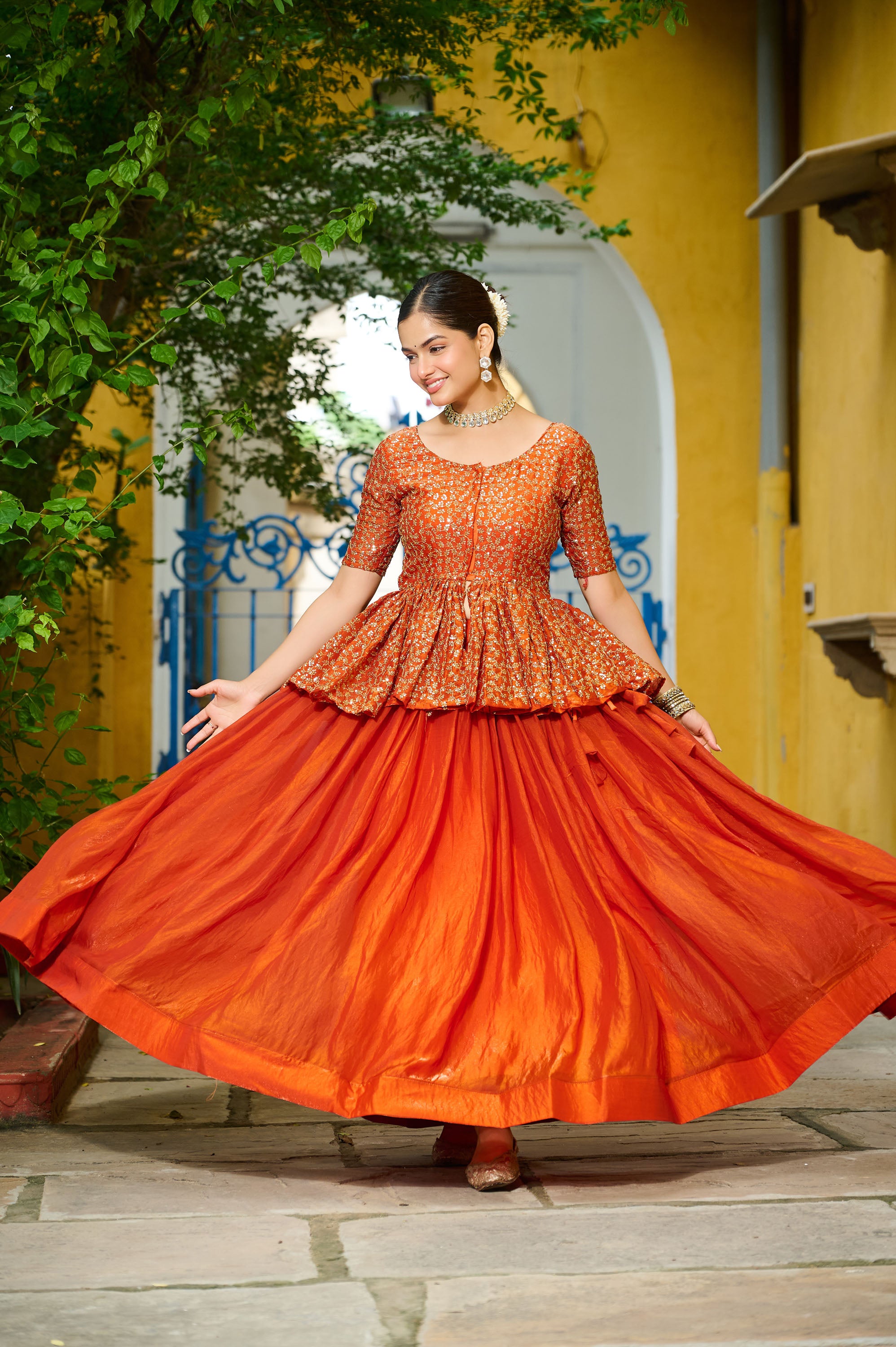 Lorenvalley Fashion Orange Fendy Silk Plain Lehenga with Embroidered work Choli