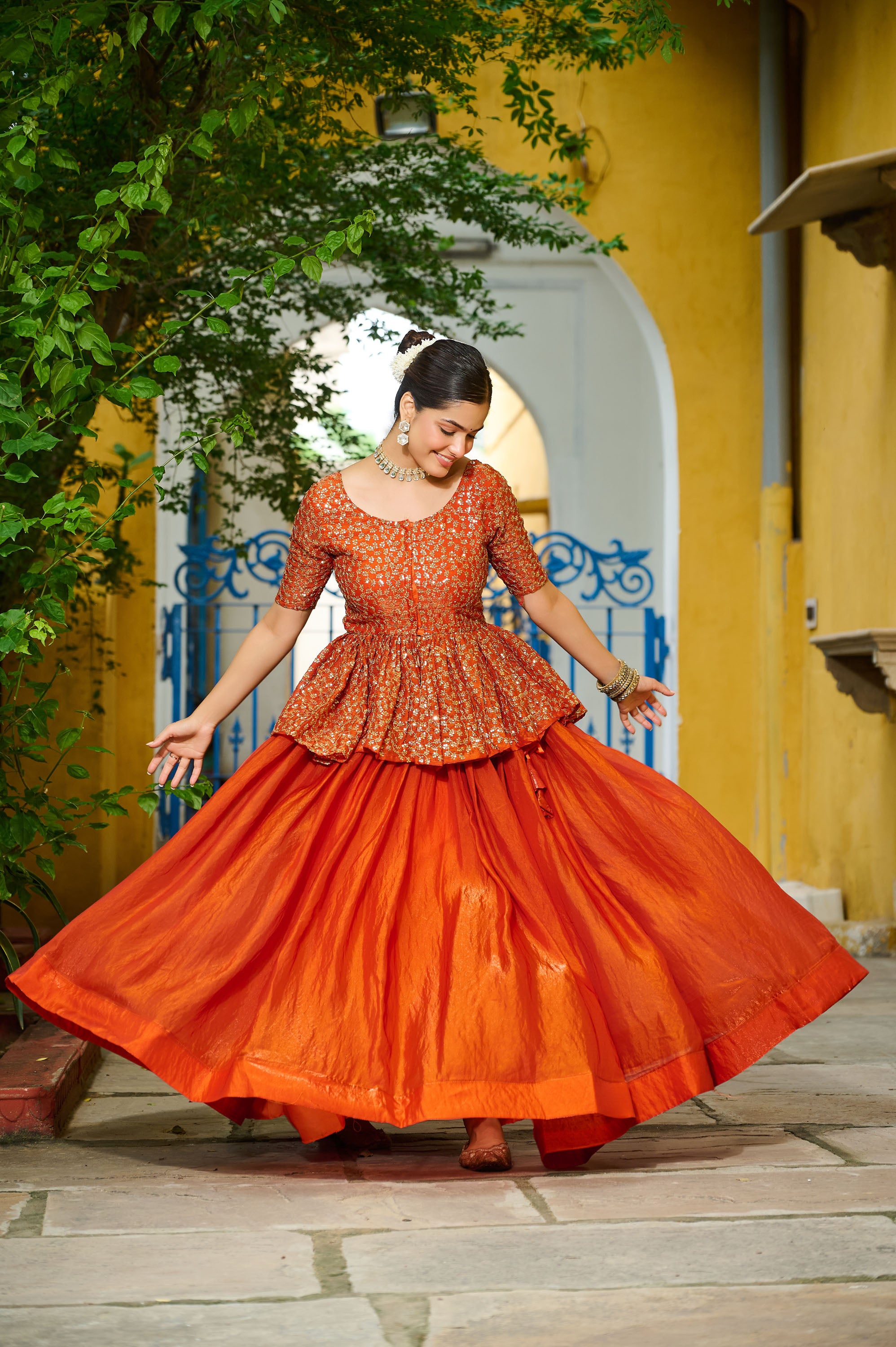 Lorenvalley Fashion Orange Fendy Silk Plain Lehenga with Embroidered work Choli