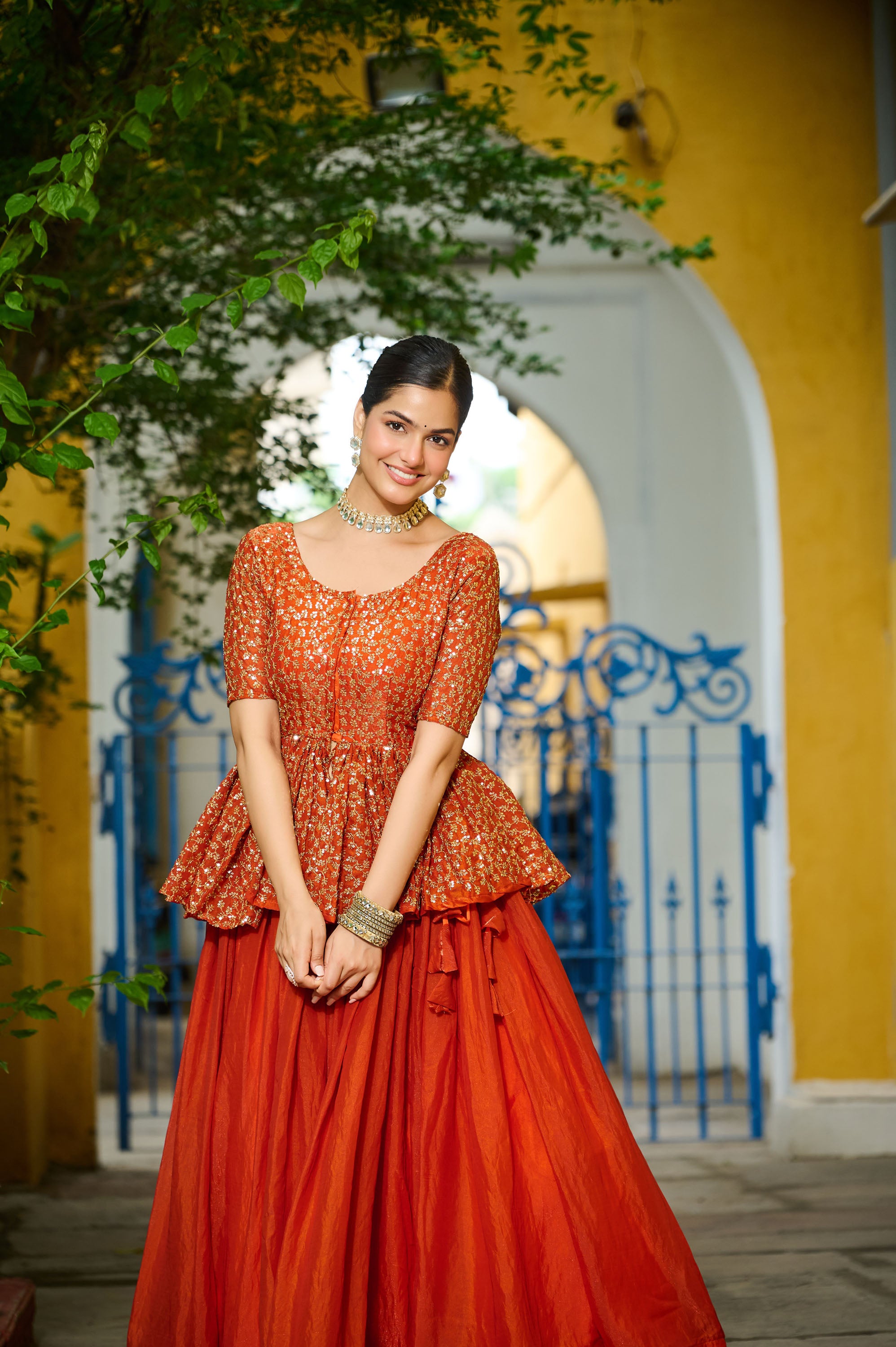Lorenvalley Fashion Orange Fendy Silk Plain Lehenga with Embroidered work Choli