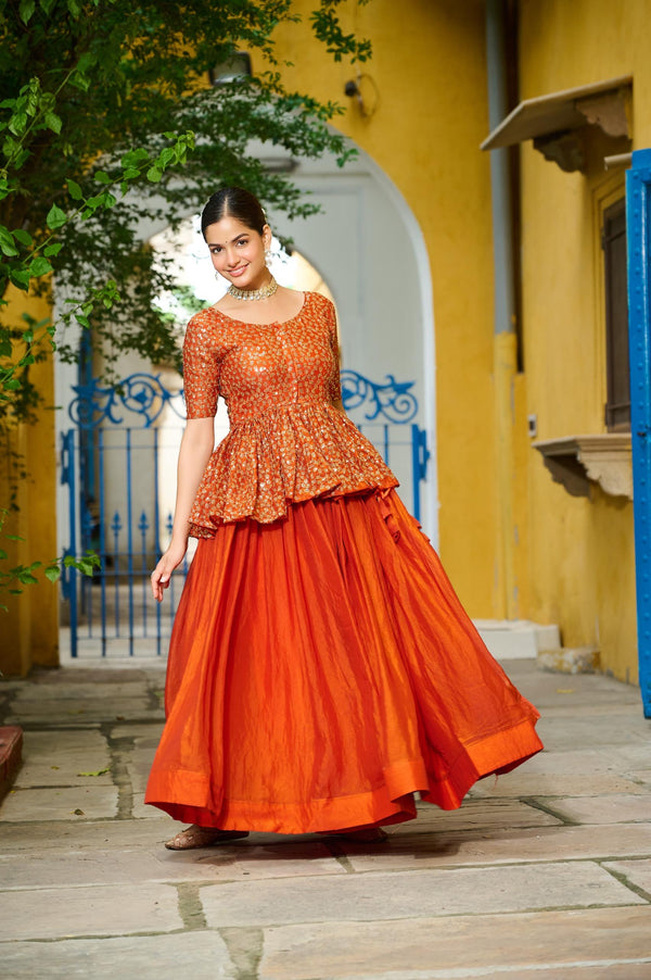 Prazu Fashion Orange Fendy Silk Embroidered Designer Lehenga