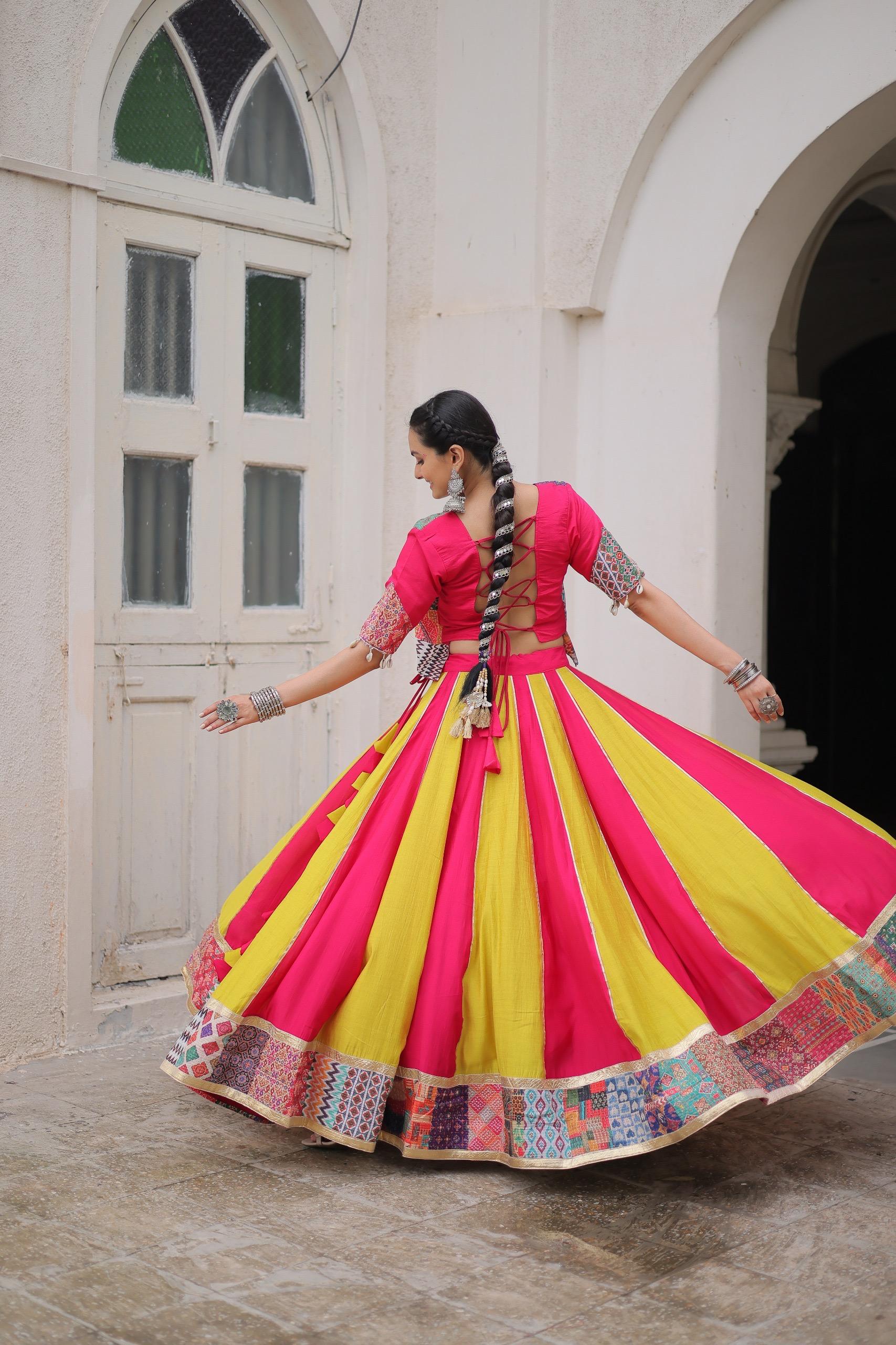 Prazu Fashion Pink Roman With Attractive Maslin Crochet Print Lehenga For Navratri