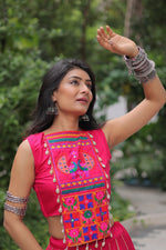 Thumbnail for Prazu Fashion Pink Roman Silk Kutchi Gamthi Embroidered & Mirror Work Navaratri Lehenga