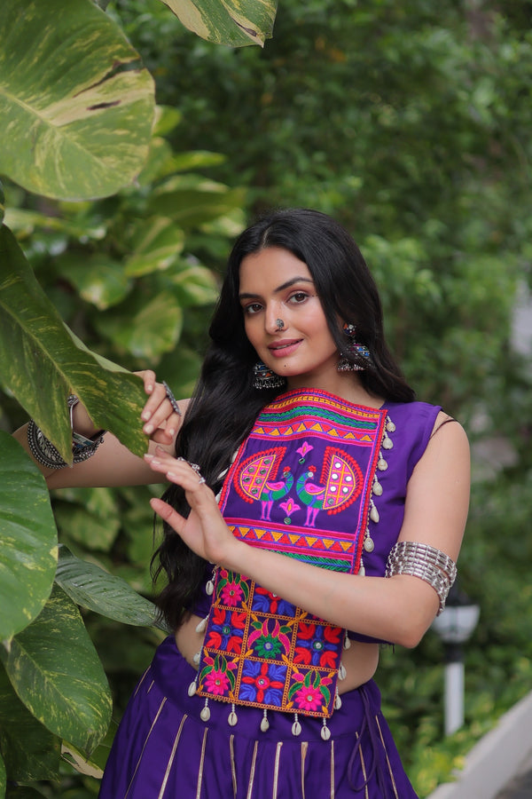 Prazu Fashion Purple Roman Silk Kutchi Gamthi Embroidered & Mirror Work Navaratri Lehenga