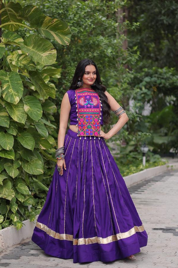Prazu Fashion Purple Roman Silk Kutchi Gamthi Embroidered & Mirror Work Navaratri Lehenga