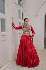 Thumbnail for Prazu Fashion Maroon Roman Kutchi Gamthi Embroidered Work Lehenga For Navratri