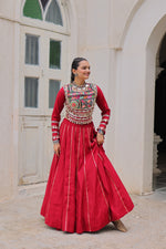 Thumbnail for Prazu Fashion Maroon Roman Kutchi Gamthi Embroidered Work Lehenga For Navratri