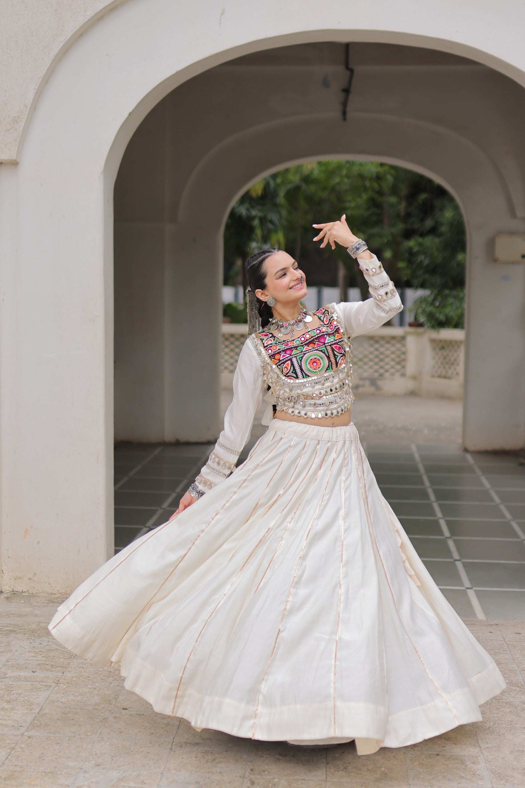 Prazu Fashion Off White Roman Kutchi Gamthi Embroidered Work Lehenga For Navratri