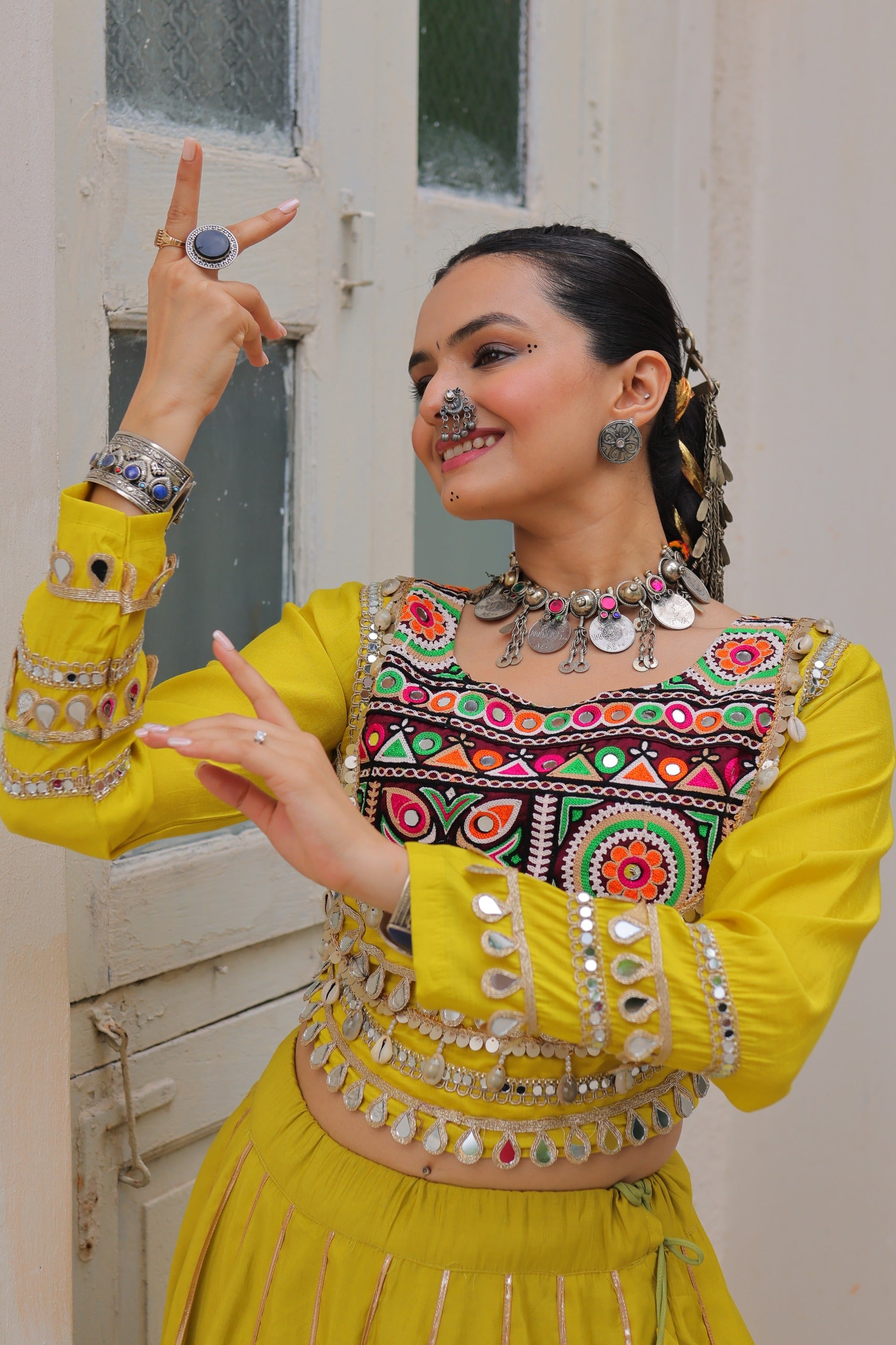 Prazu Fashion Parrot Roman Kutchi Gamthi Embroidered Work Lehenga For Navratri