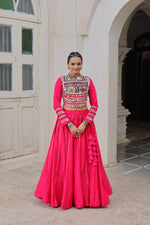 Thumbnail for Prazu Fashion Pink Roman Kutchi Gamthi Embroidered Work Lehenga For Navratri