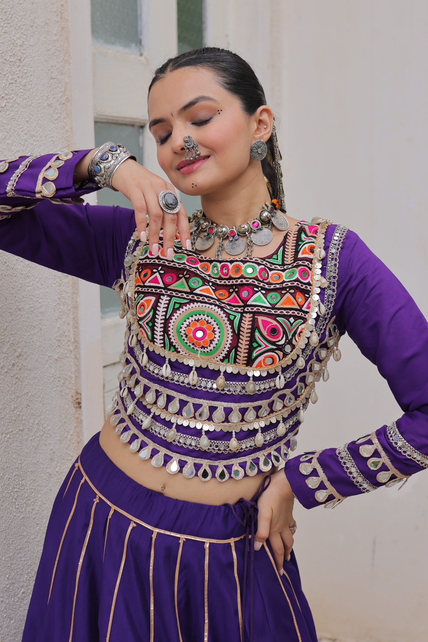 Prazu Fashion Purple Roman Kutchi Gamthi Embroidered Work Lehenga For Navratri