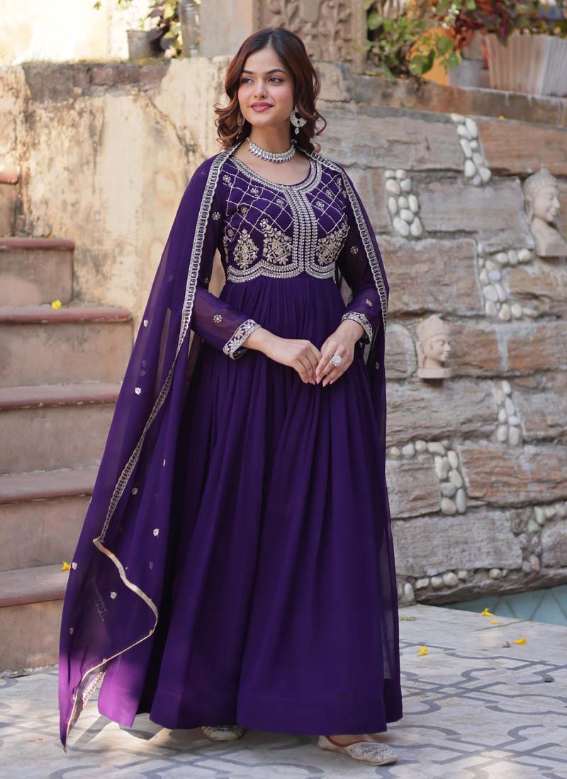 Prazu Fashion Purple Georgette Embroidered Sequence Gown With Dupatta