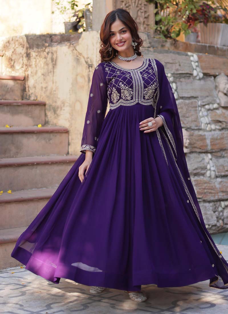 Prazu Fashion Purple Georgette Embroidered Sequence Gown With Dupatta