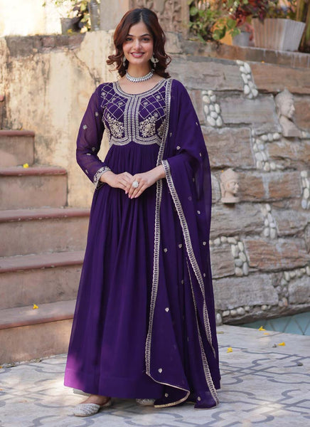 Prazu Fashion Purple Georgette Embroidered Sequence Gown With Dupatta