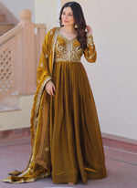 Thumbnail for Prazu Fashion Mahendi Silk Embroidered Gown With Dupatta