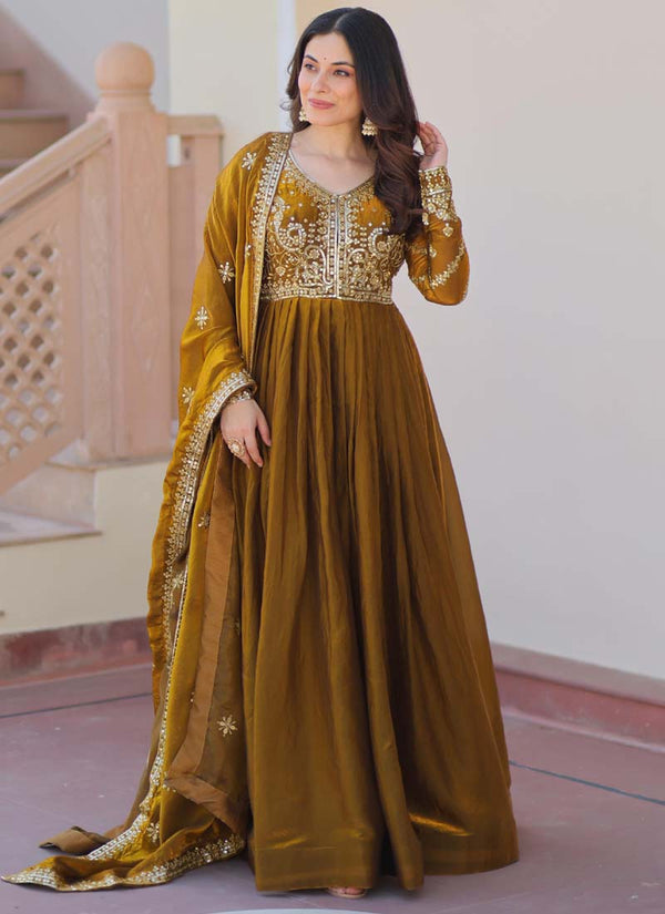 Prazu Fashion Mahendi Silk Embroidered Gown With Dupatta
