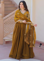 Thumbnail for Prazu Fashion Mahendi Silk Embroidered Gown With Dupatta