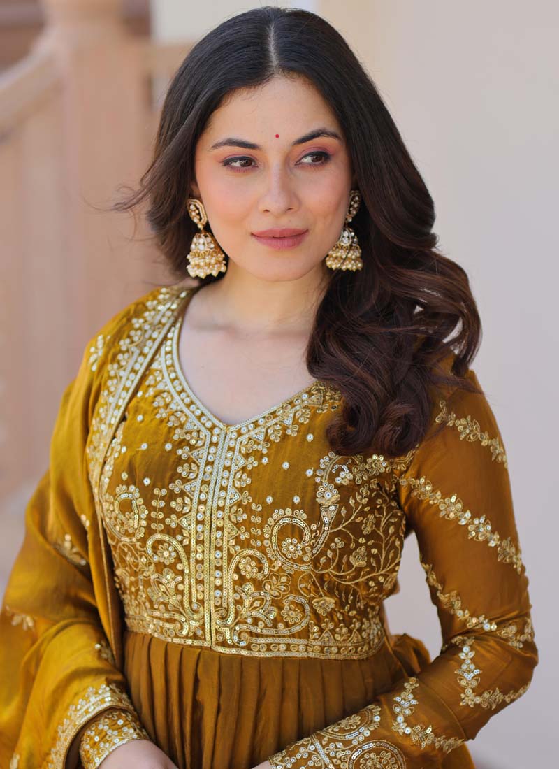 Prazu Fashion Mahendi Silk Embroidered Gown With Dupatta