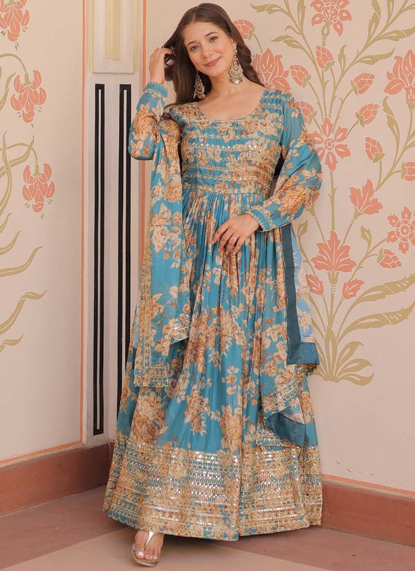 Prazu Fashion Sky Blue Russian Silk Embroidered Gown With Dupatta