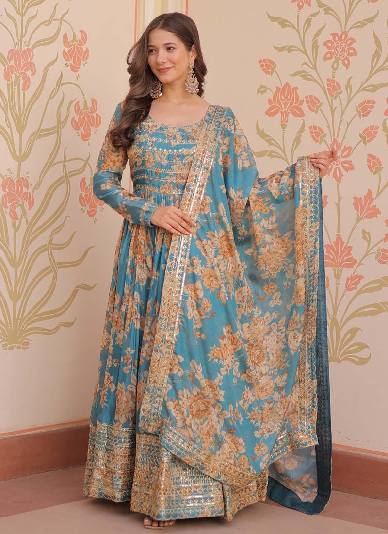 Prazu Fashion Sky Blue Russian Silk Embroidered Gown With Dupatta
