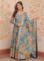 Thumbnail for Prazu Fashion Sky Blue Russian Silk Embroidered Gown With Dupatta