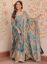 Thumbnail for Prazu Fashion Sky Blue Russian Silk Embroidered Gown With Dupatta