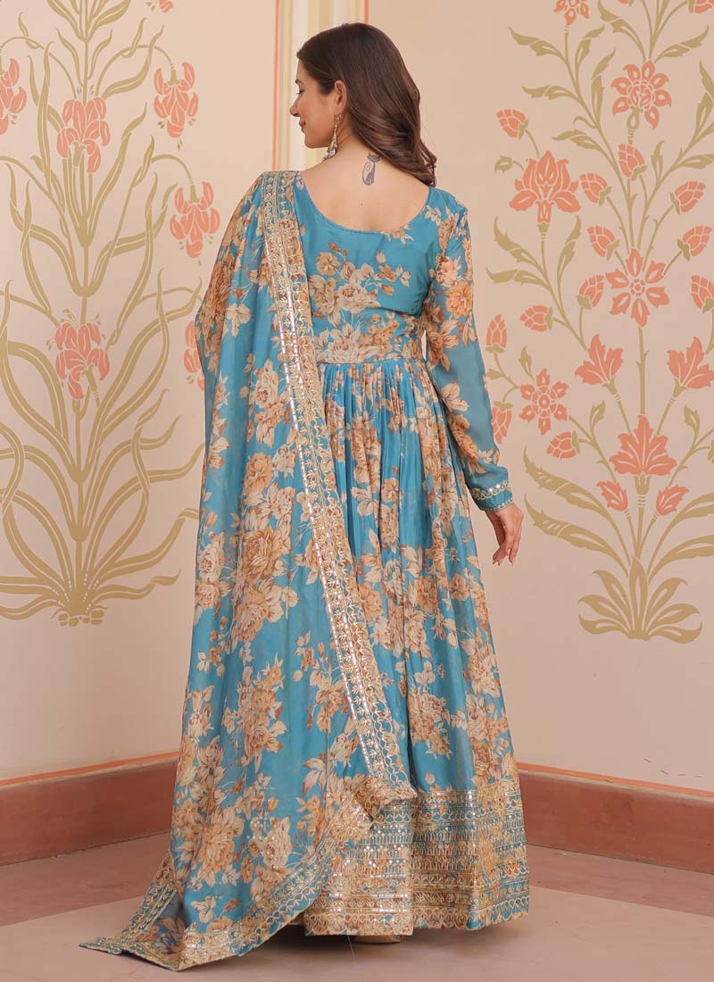 Prazu Fashion Sky Blue Russian Silk Embroidered Gown With Dupatta