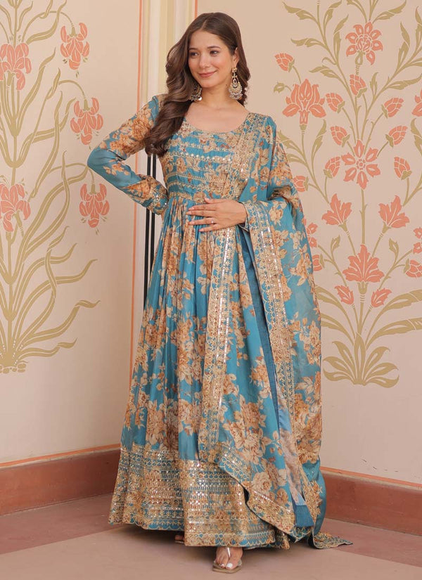 Prazu Fashion Sky Blue Russian Silk Embroidered Gown With Dupatta