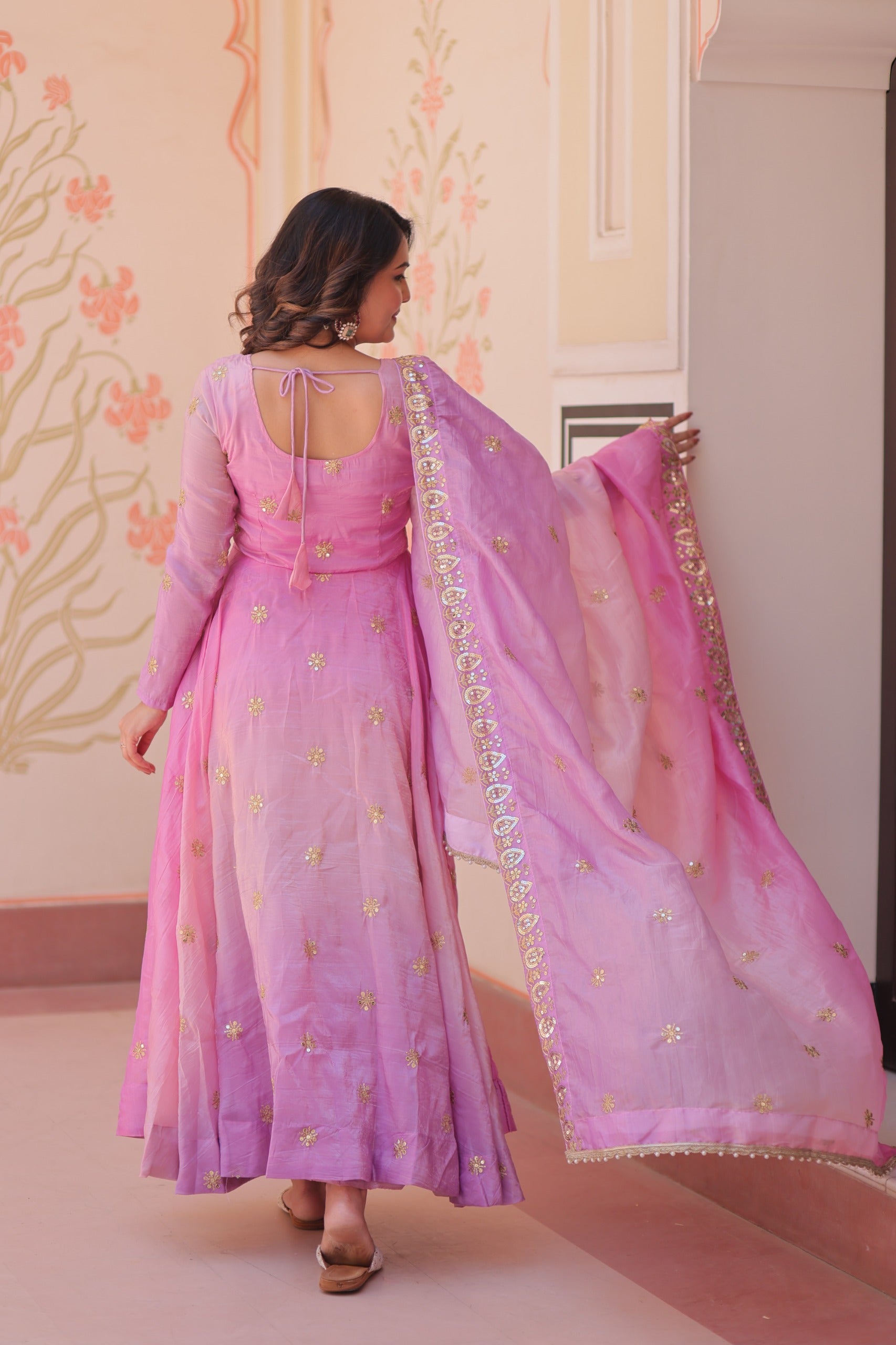 Prazu Fashion Pink Organza Embroidered Gown With Dupatta