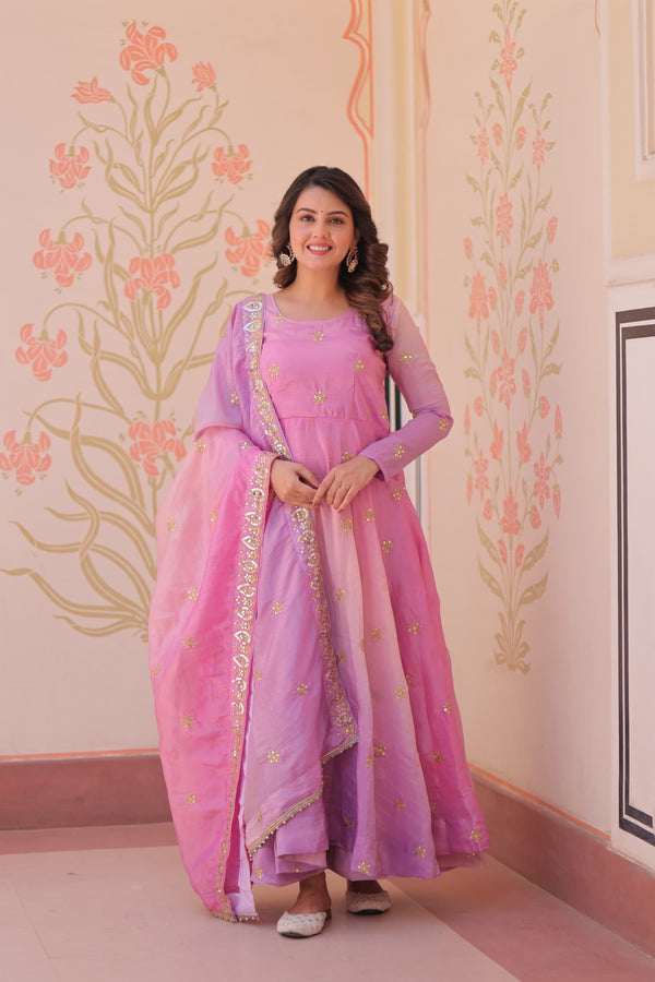 Prazu Fashion Pink Organza Embroidered Gown With Dupatta