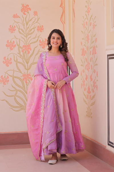 Prazu Fashion Pink Organza Embroidered Gown With Dupatta