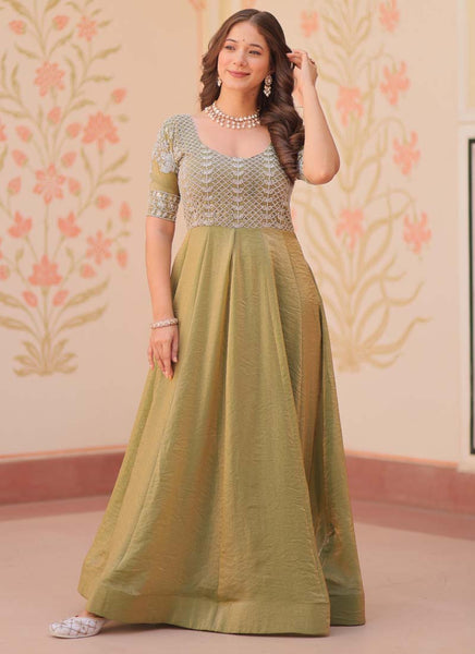 Prazu Fashion Mahendi Silk Beads Embroidered Gown
