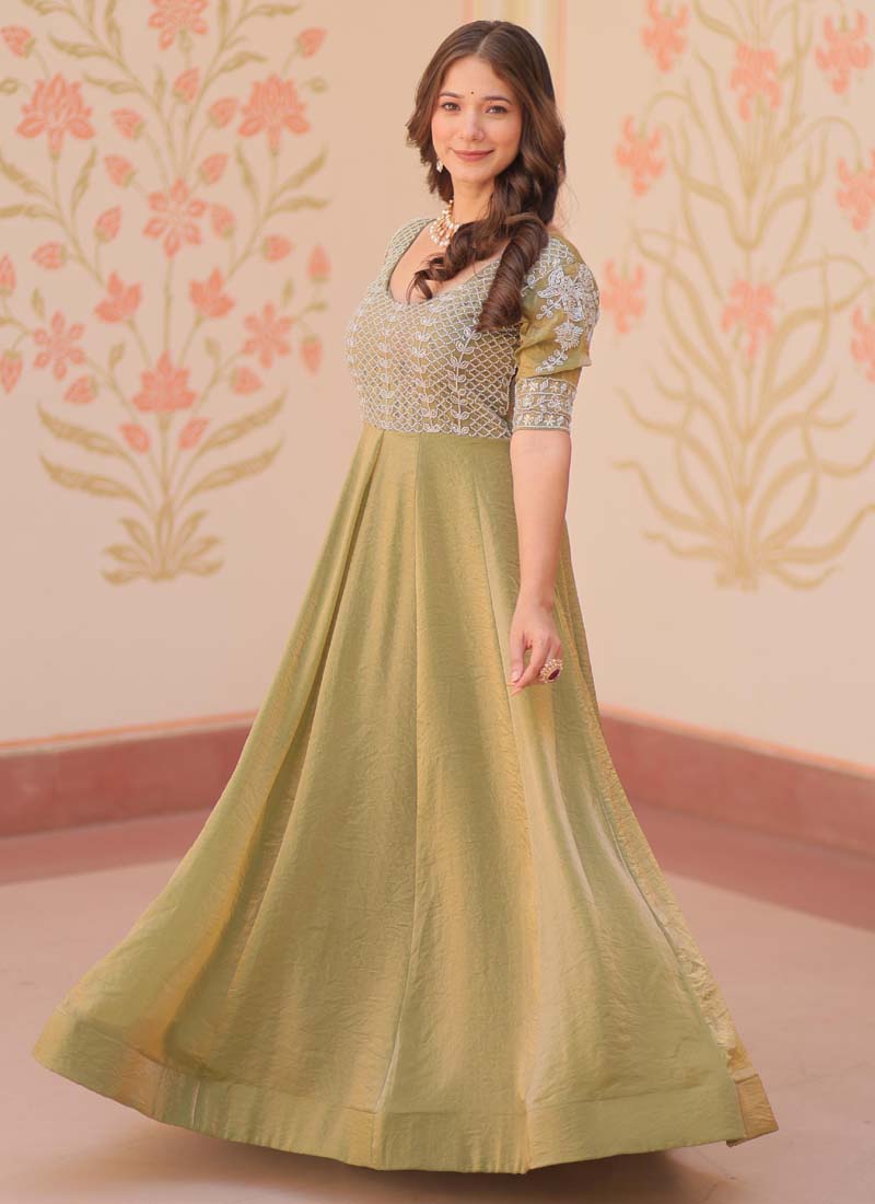 Prazu Fashion Mahendi Silk Beads Embroidered Gown
