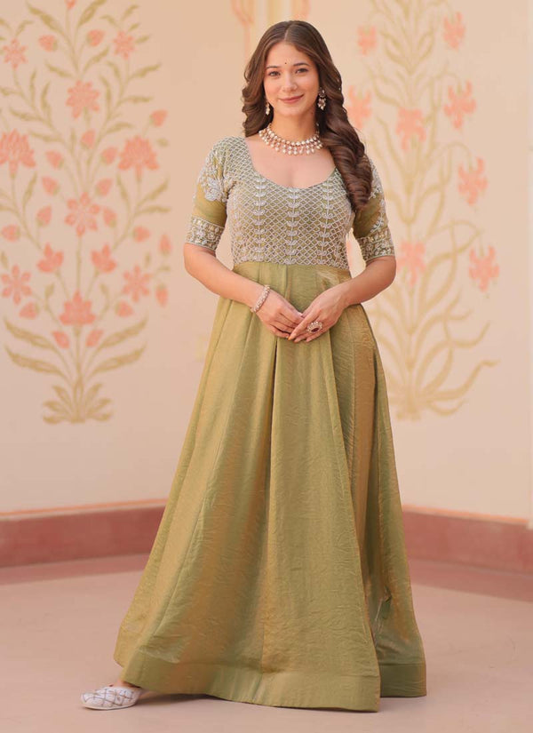 Prazu Fashion Mahendi Silk Beads Embroidered Gown