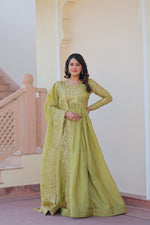 Thumbnail for Prazu Fashion Parrot Green Gold Cursh Sequence Gown With Dupatta