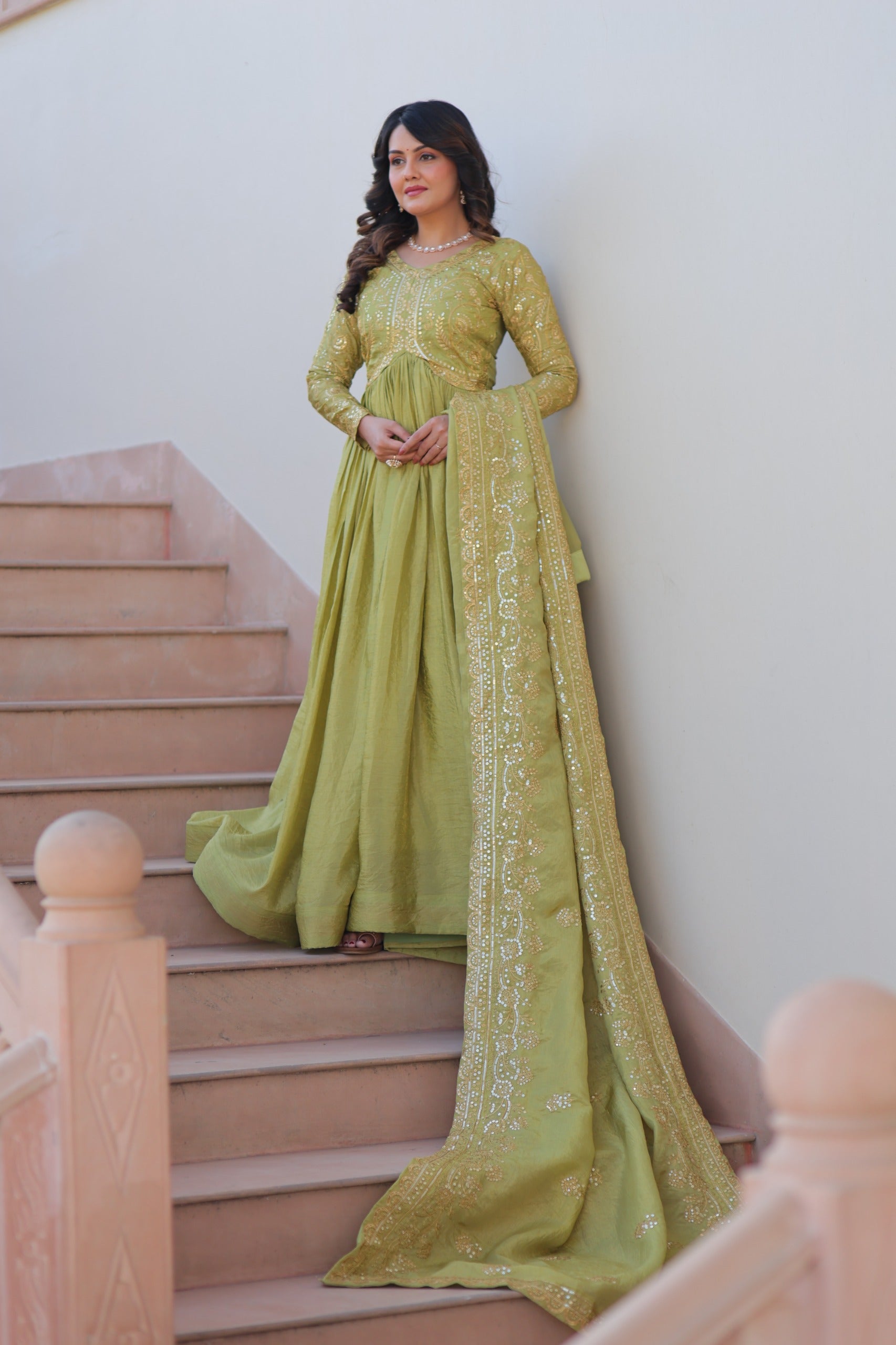 Prazu Fashion Parrot Green Gold Cursh Sequence Gown With Dupatta