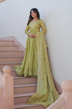 Thumbnail for Prazu Fashion Parrot Green Gold Cursh Sequence Gown With Dupatta