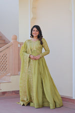 Thumbnail for Prazu Fashion Parrot Green Gold Cursh Sequence Gown With Dupatta