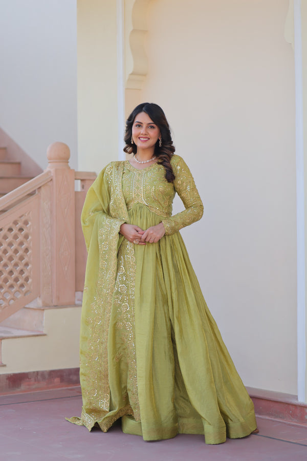 Prazu Fashion Parrot Green Gold Cursh Sequence Gown With Dupatta