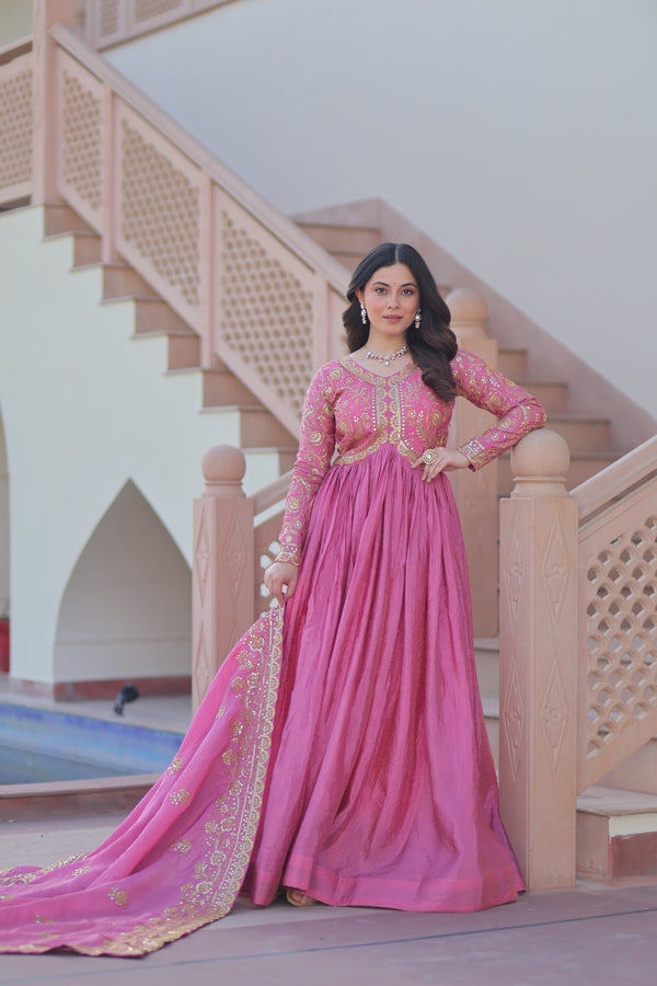 Prazu Fashion Light Pink Gold Cursh Sequence Gown With Dupatta