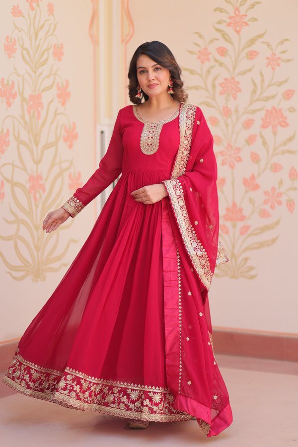 Prazu Fashion Rani Pink Georgette Zari & Sequins Embroidered Gown