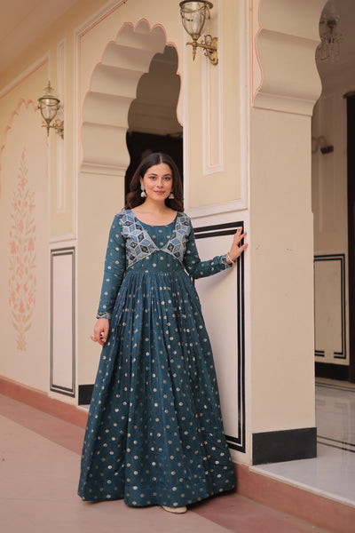 Prazu Fashion Rama Position Print Choli With Staple Jequard Weaving Work Gown