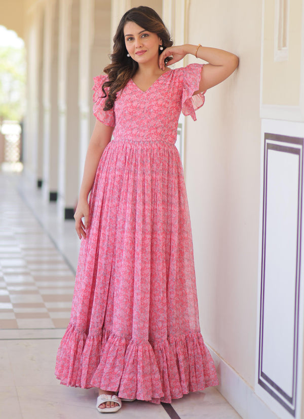 Prazu Fashion Light Pink Georgette Printed Gown