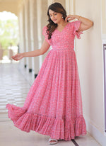 Thumbnail for Prazu Fashion Light Pink Georgette Printed Gown
