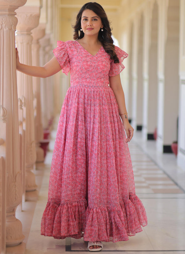 Prazu Fashion Light Pink Georgette Printed Gown