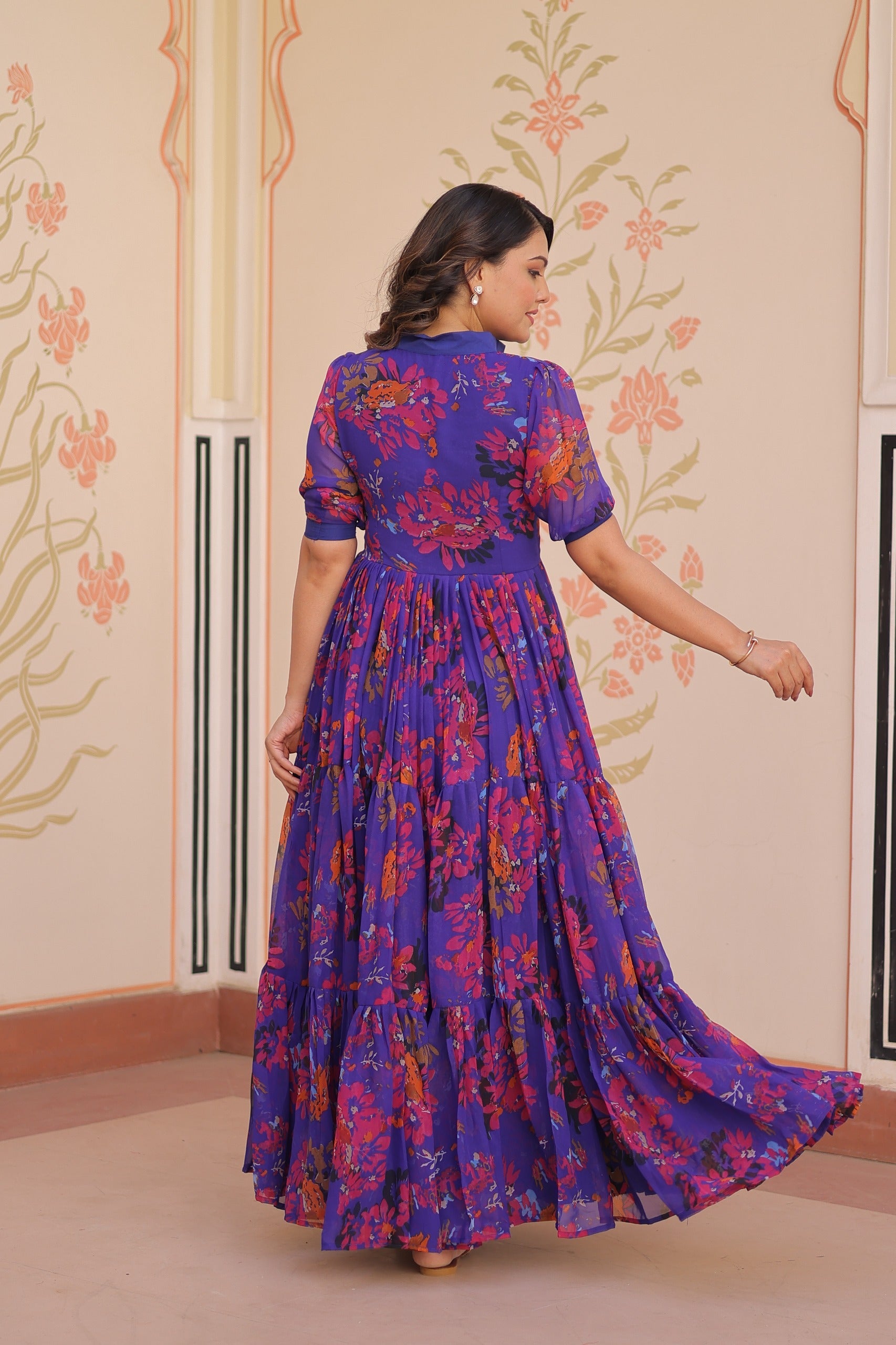 Prazu Fashion Violet Blue Georgette Printed Designer Gown