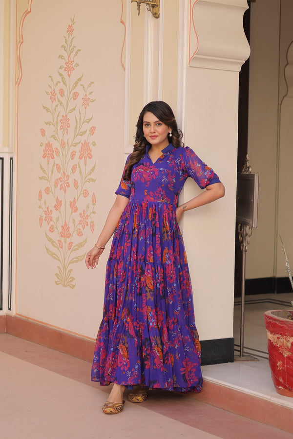 Prazu Fashion Violet Blue Georgette Printed Designer Gown
