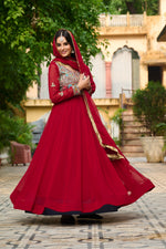 Thumbnail for Prazu Fashion Maroon Georgette Embroidered Gown With Dupatta