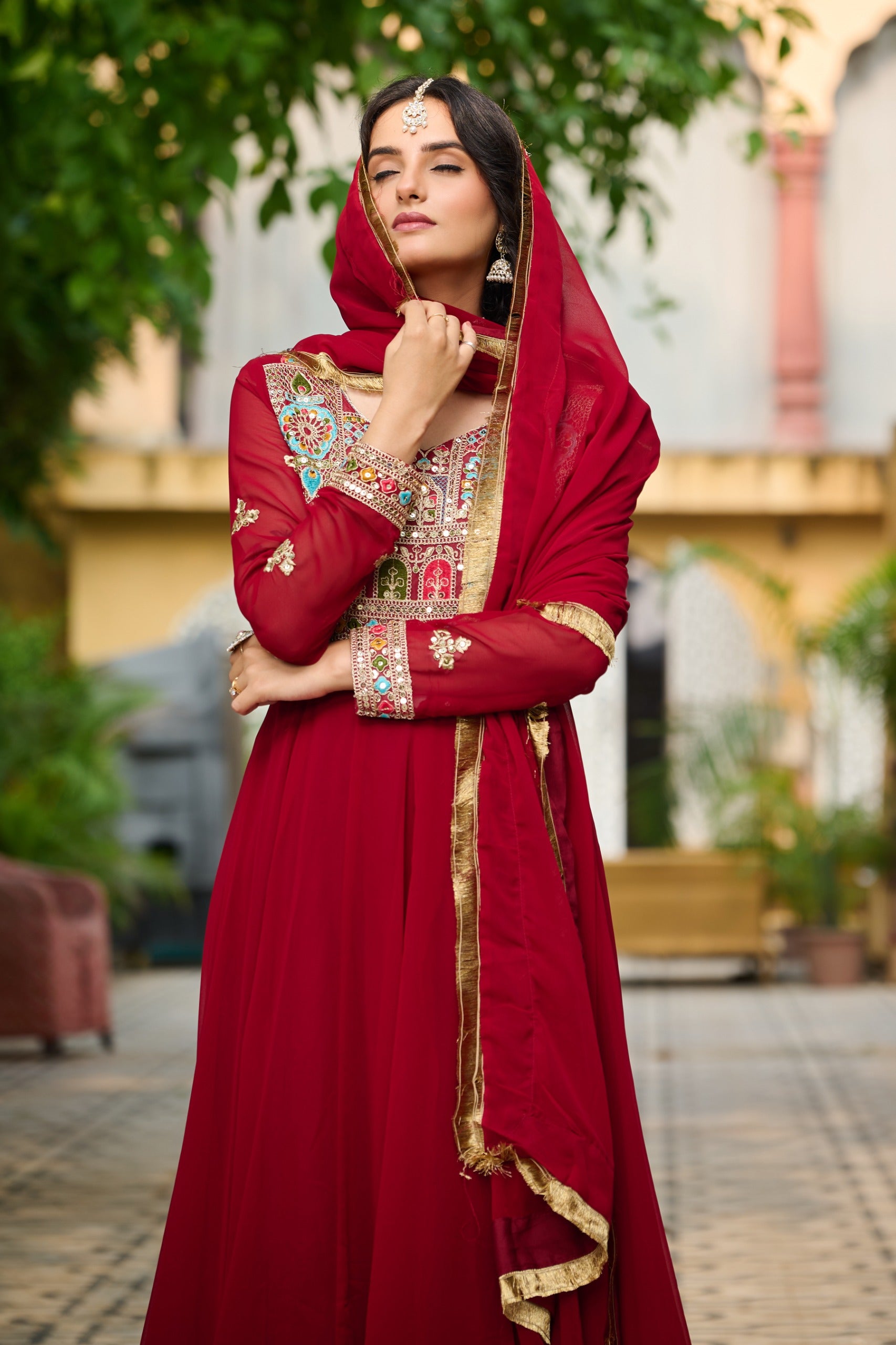 Prazu Fashion Maroon Georgette Embroidered Gown With Dupatta