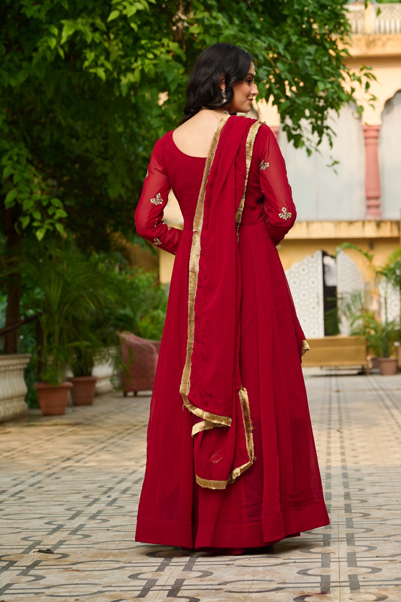 Prazu Fashion Maroon Georgette Embroidered Gown With Dupatta