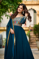 Thumbnail for Prazu Fashion Rama Georgette Embroidered Gown With Dupatta
